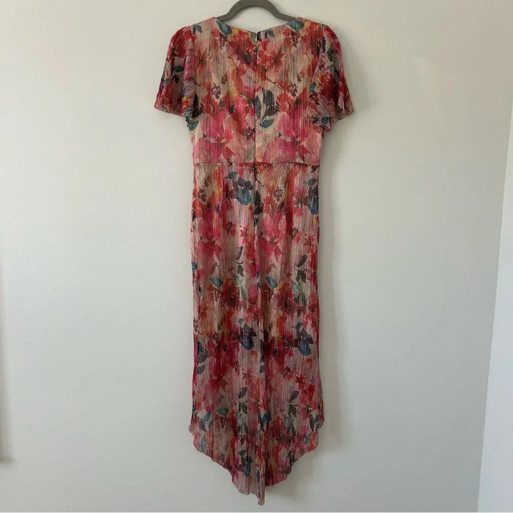 Adrianna Papell Floral Metallic Pleated Twist Front Hi Low Flutter Sleeve Gown 4